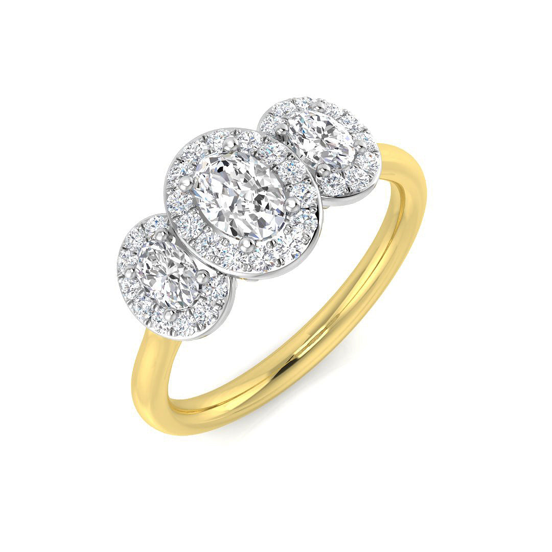 Three Stone Oval Halo Diamond Ring in 10K/14K gold and platinum with certified lab-grown or natural diamonds