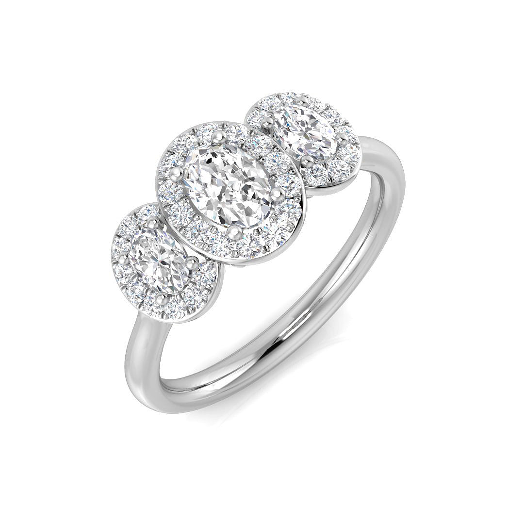 Three Stone Oval Halo Diamond Ring in 10K/14K gold and platinum with certified lab-grown or natural diamonds