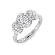 Three Stone Oval Halo Diamond Ring in 10K/14K gold and platinum with certified lab-grown or natural diamonds