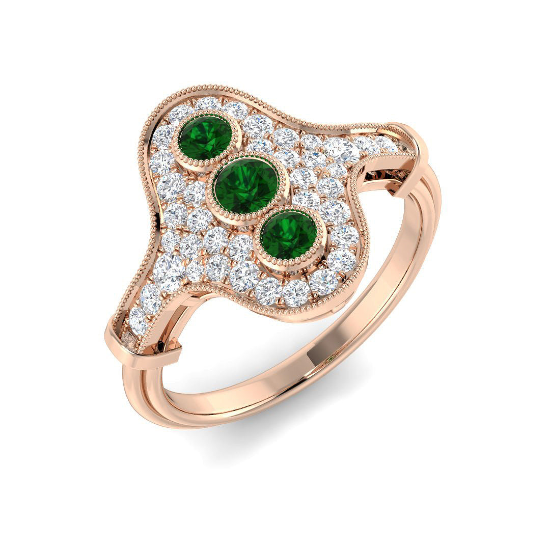 Trio Set Emerald Diamond Halo Ring with Vintage Milgrain Design in 10K/14K gold and platinum with certified lab-grown or natural diamonds