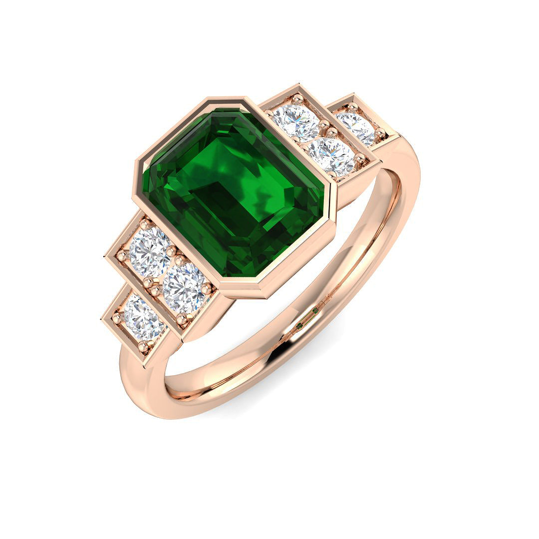 Emerald Cut Bezel Set Diamond Ring with Pave Band in 10K/14K gold and platinum with certified lab-grown or natural diamonds
