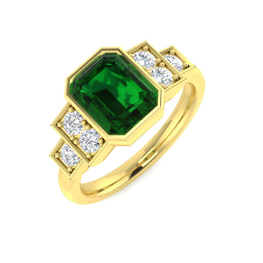 Emerald Cut Bezel Set Diamond Ring with Pave Band in 10K/14K gold and platinum with certified lab-grown or natural diamonds