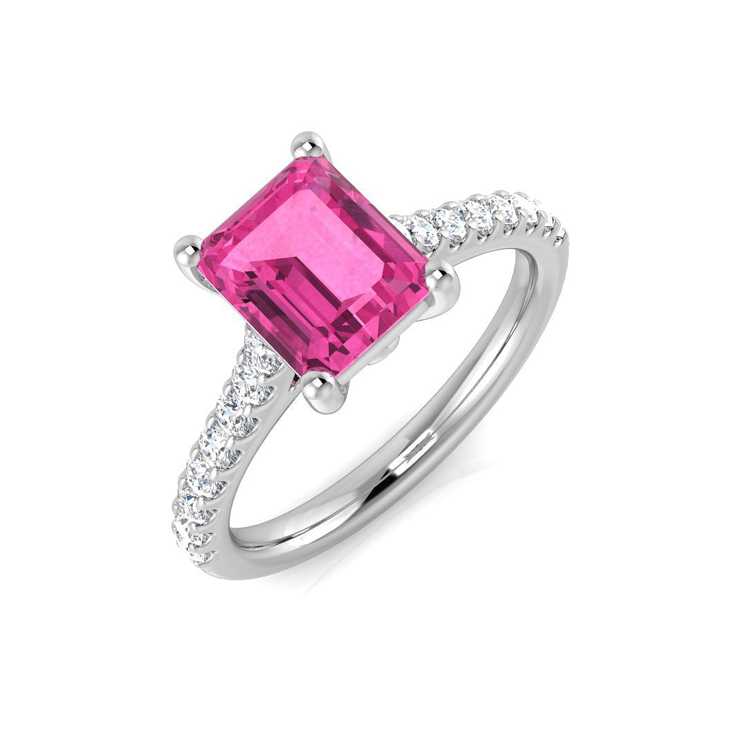 Pink Sapphire Engagement Ring with Diamond Pave Band in 10K/14K gold and platinum with certified lab-grown or natural diamonds