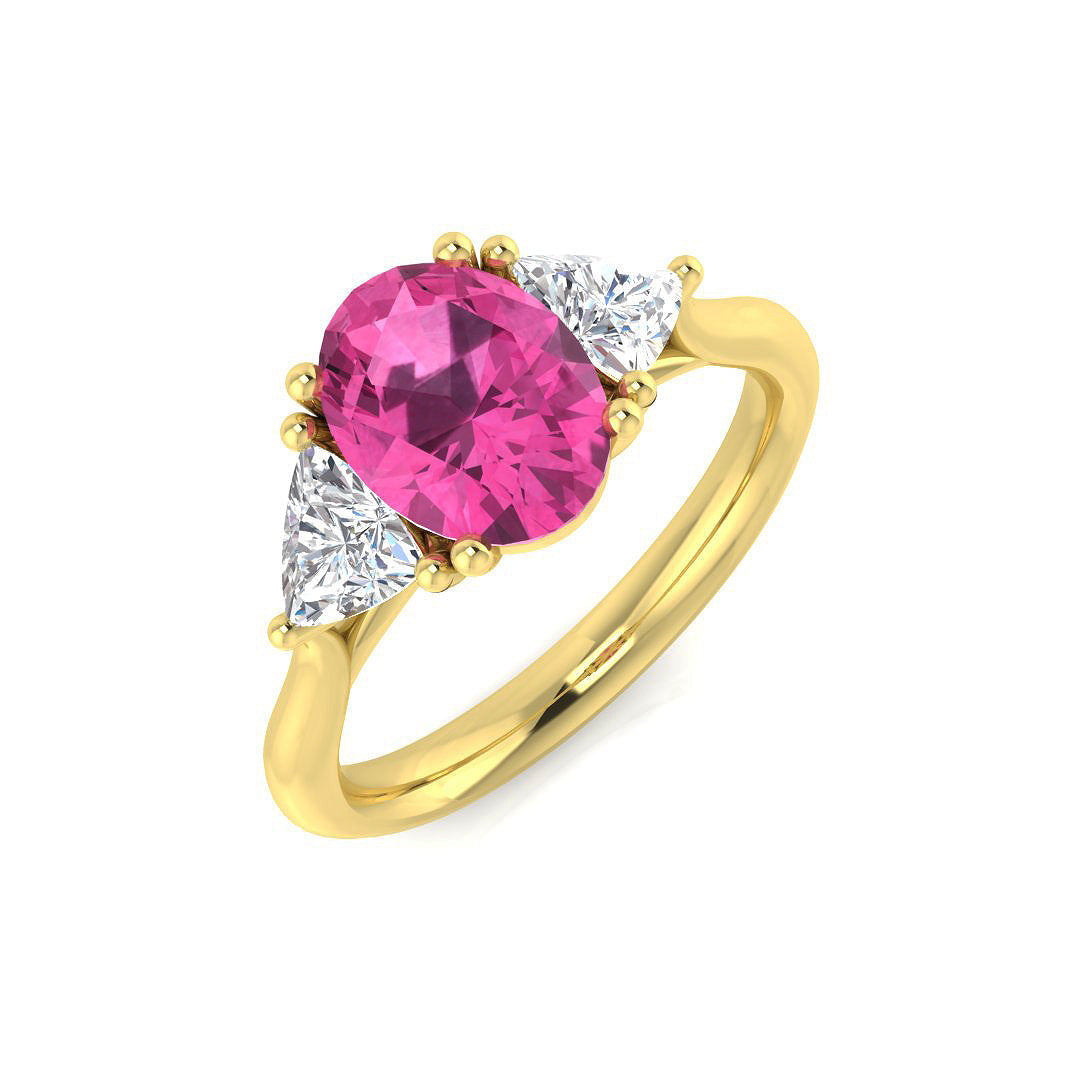 Platinum Oval Cut Pink Sapphire Ring with Natural Trillion Diamond Side Stones in 10K/14K gold and platinum with certified lab-grown or natural diamonds