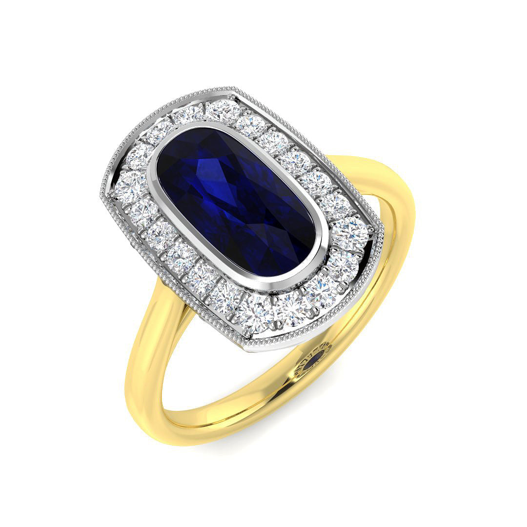 Cushion Blue Sapphire Halo Ring with Round Pave Milgrain Diamonds in 10K/14K gold and platinum with certified lab-grown or natural diamonds