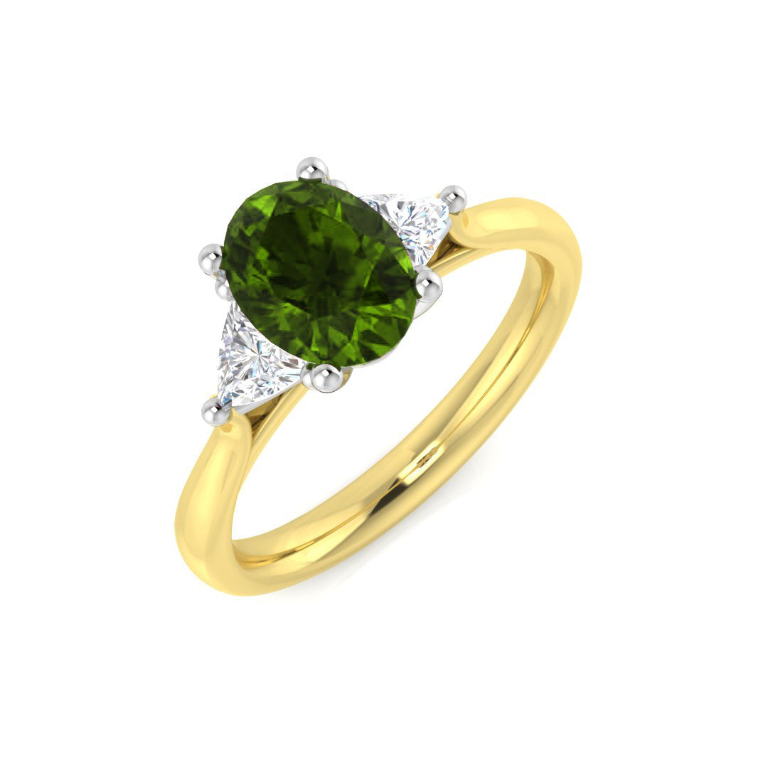 Oval Green Sapphire Ring with Diamond Side Stones in 10K/14K gold and platinum with certified lab-grown or natural diamonds