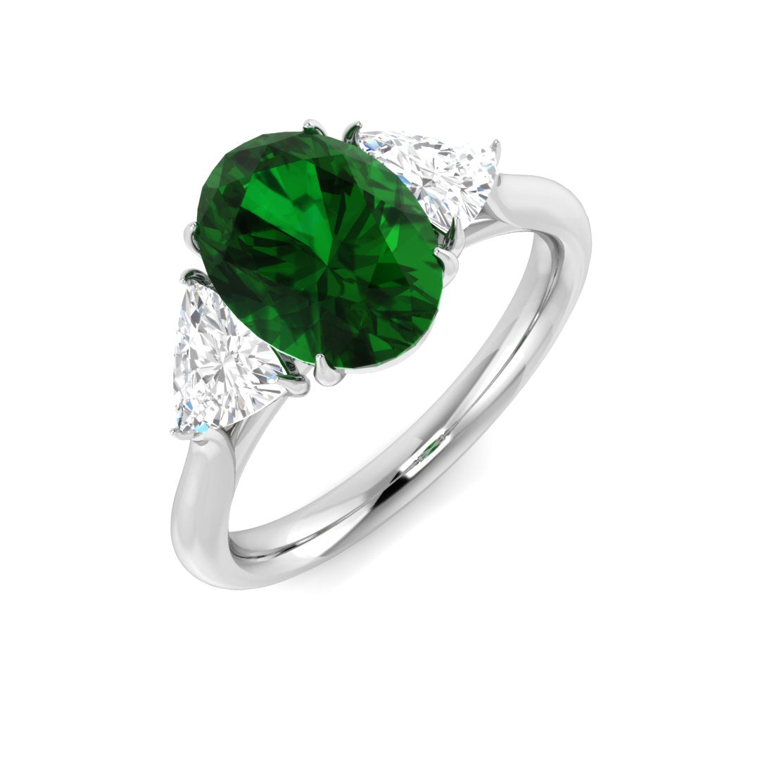 Oval Cut Emerald & Trillion Cut Side Diamond Design Ring in 10K/14K gold and platinum with certified lab-grown or natural diamonds