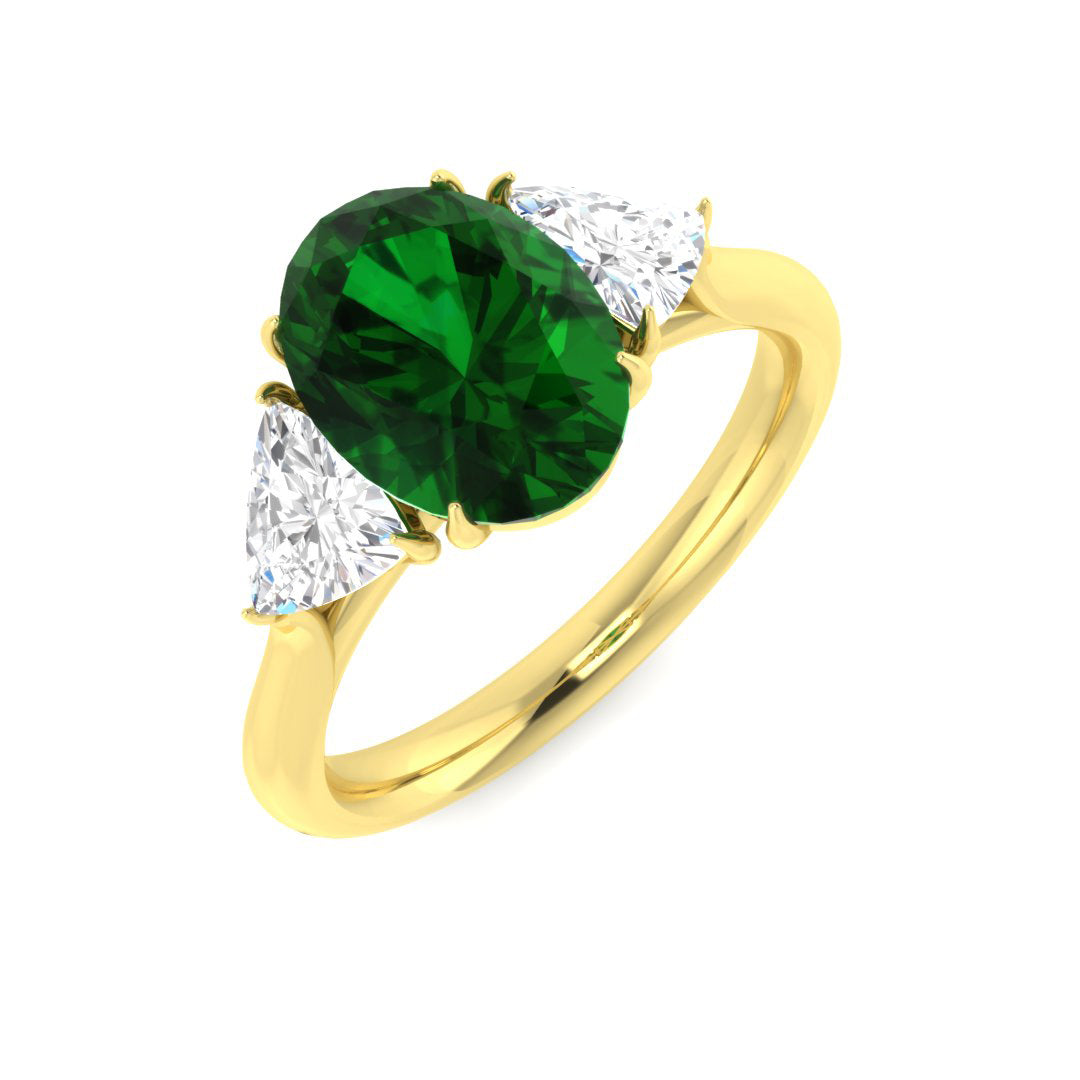 Oval Cut Emerald & Trillion Cut Side Diamond Design Ring in 10K/14K gold and platinum with certified lab-grown or natural diamonds