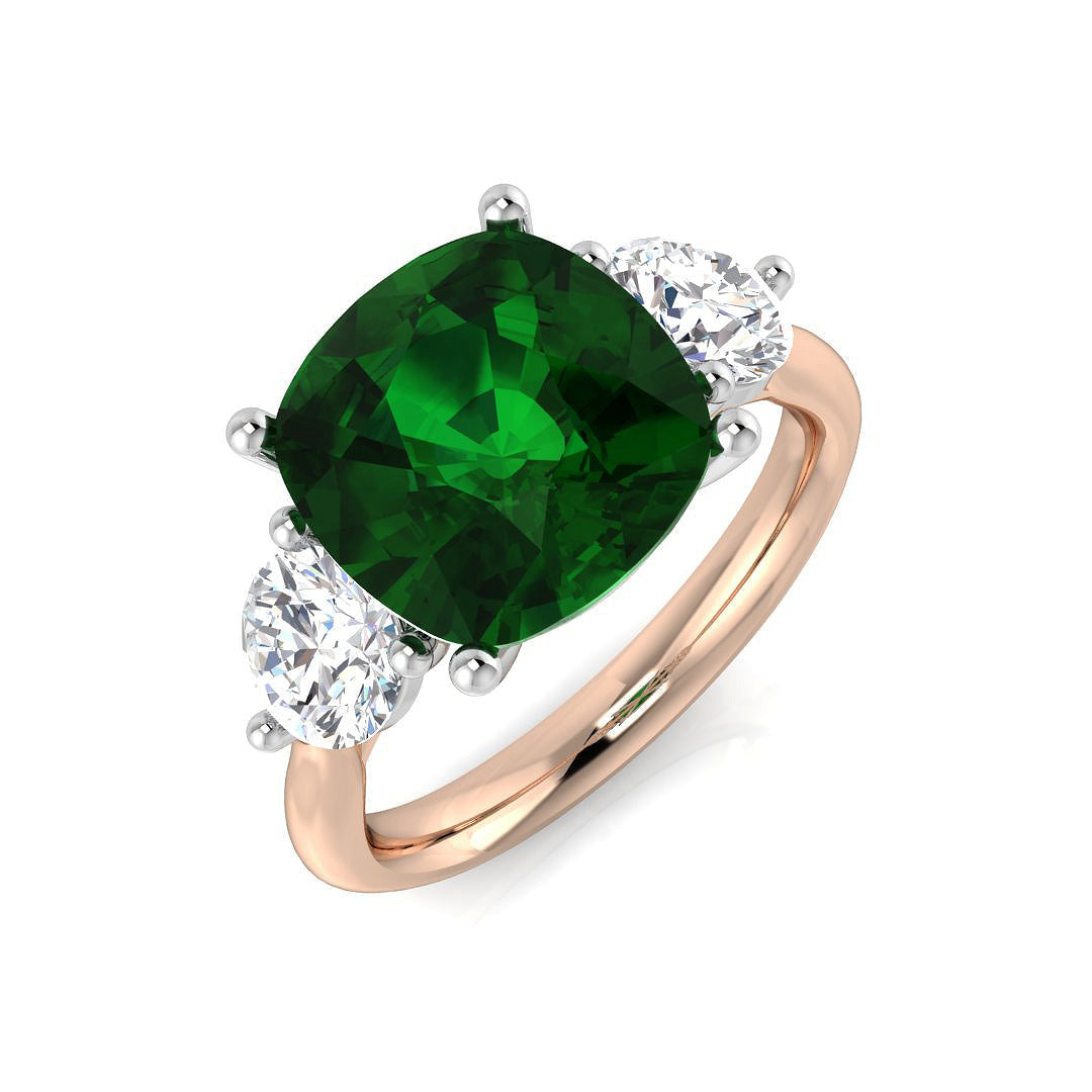Cushion Cut Emerald Ring with Round Diamond Side Stones in 10K/14K gold and platinum with certified lab-grown or natural diamonds