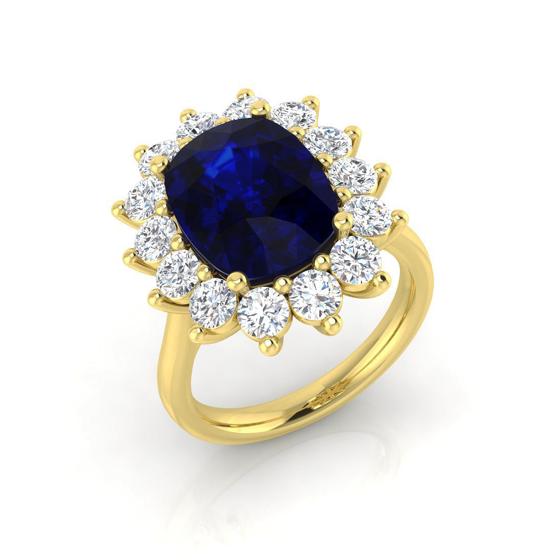Blue Sapphire Cluster Ring in Cushion Cut with Natural Pave Diamond in 10K/14K gold and platinum with certified lab-grown or natural diamonds