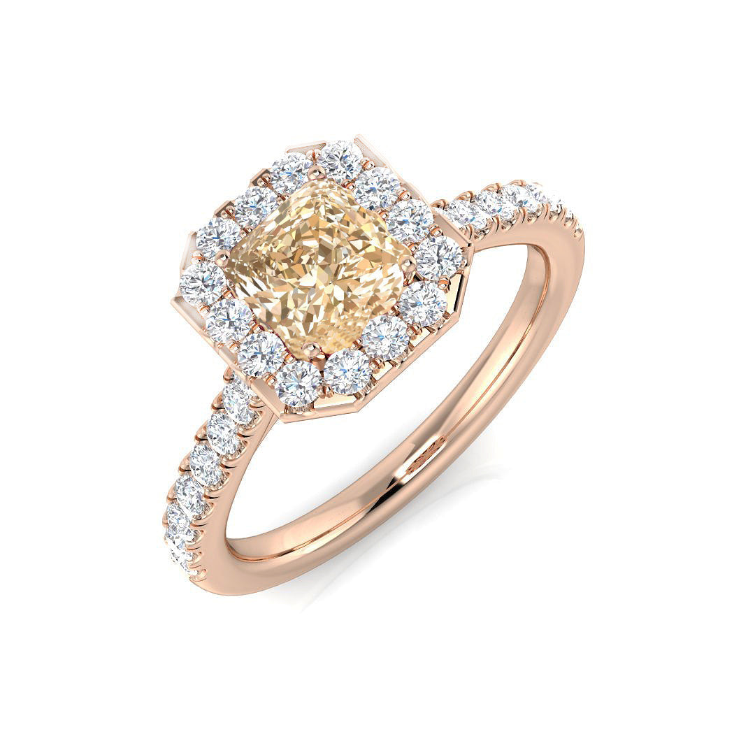 Morganite Halo Ring with Pave Diamond Band in 10K/14K gold and platinum with certified lab-grown or natural diamonds