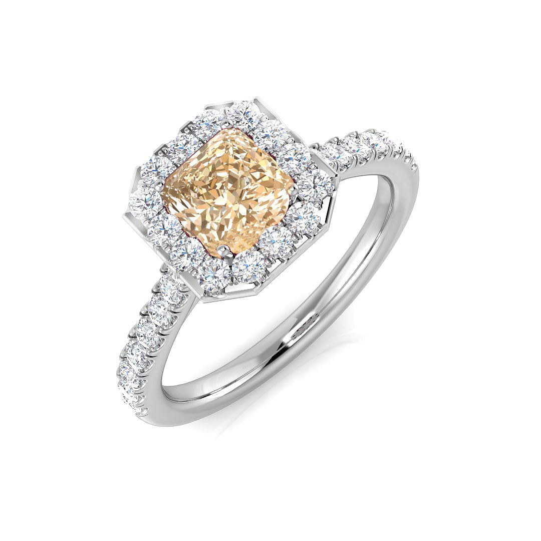Morganite Halo Ring with Pave Diamond Band in 10K/14K gold and platinum with certified lab-grown or natural diamonds