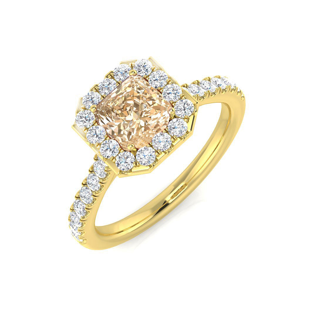 Morganite Halo Ring with Pave Diamond Band in 10K/14K gold and platinum with certified lab-grown or natural diamonds