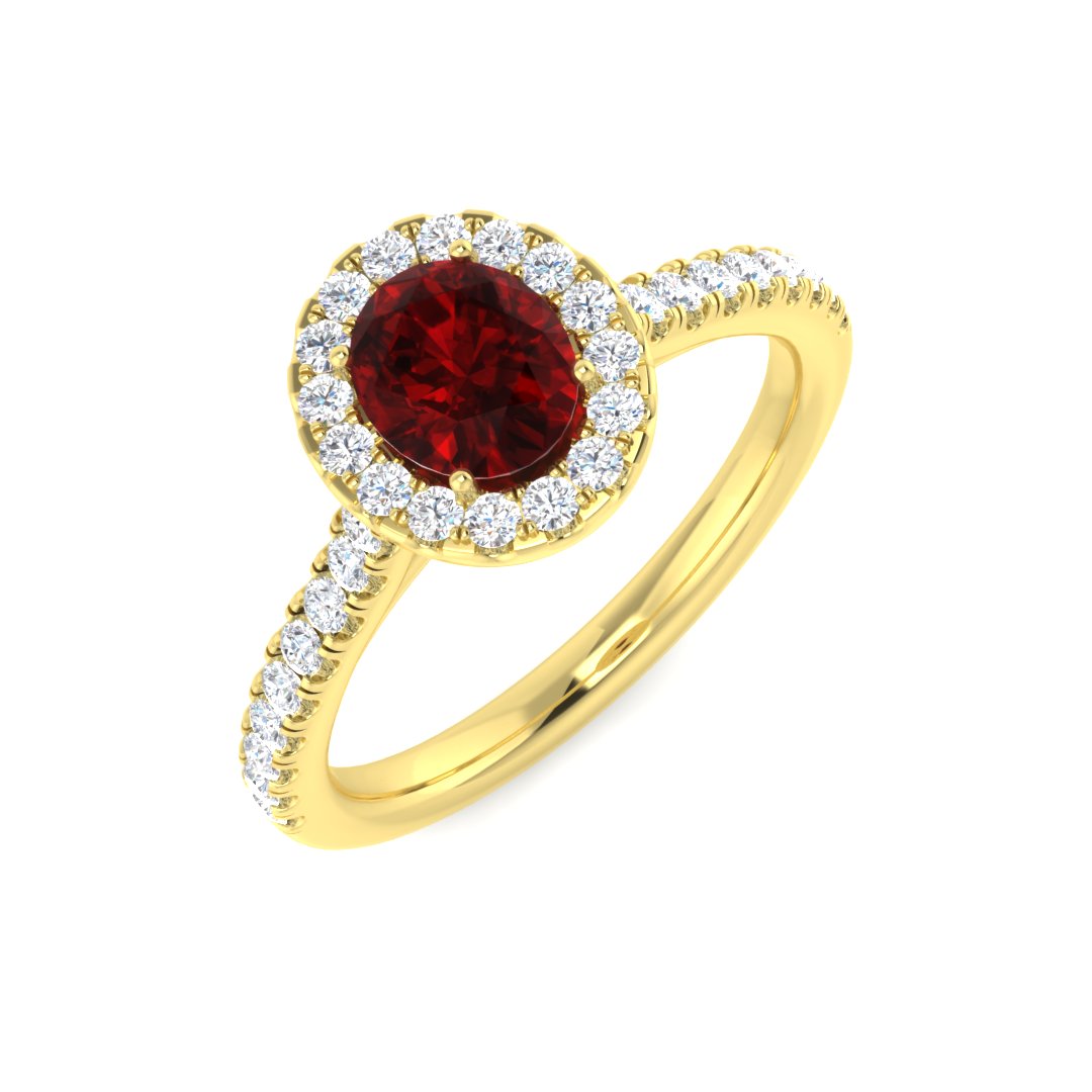 Ruby Halo Diamond Engagement Ring with Round Side Stones in 10K/14K gold and platinum with certified lab-grown or natural diamonds