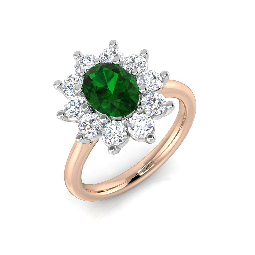Emerald Halo Ring with Oval Cut Emerald and Diamond Cluster in 10K/14K gold and platinum with certified lab-grown or natural diamonds