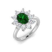 Emerald Halo Ring with Oval Cut Emerald and Diamond Cluster in 10K/14K gold and platinum with certified lab-grown or natural diamonds