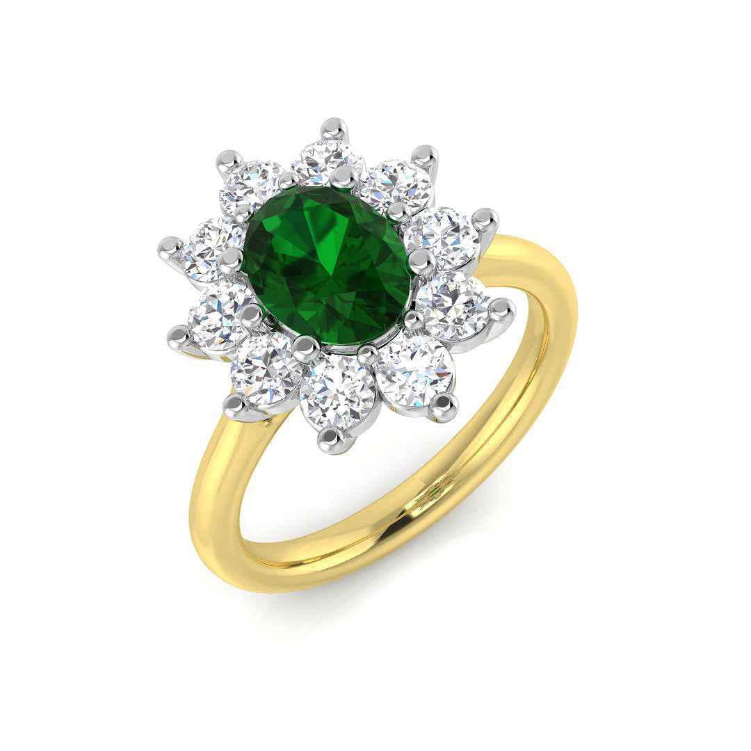 Emerald Halo Ring with Oval Cut Emerald and Diamond Cluster in 10K/14K gold and platinum with certified lab-grown or natural diamonds