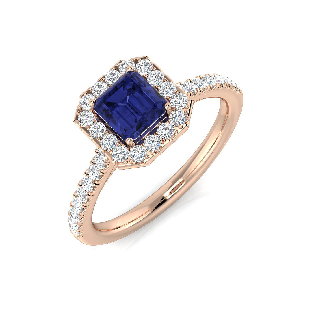 Emerald Cut Blue Sapphire Halo Ring in 10K/14K gold and platinum with certified lab-grown or natural diamonds