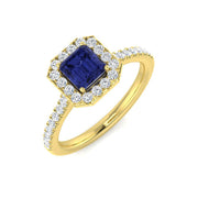 Emerald Cut Blue Sapphire Halo Ring in 10K/14K gold and platinum with certified lab-grown or natural diamonds