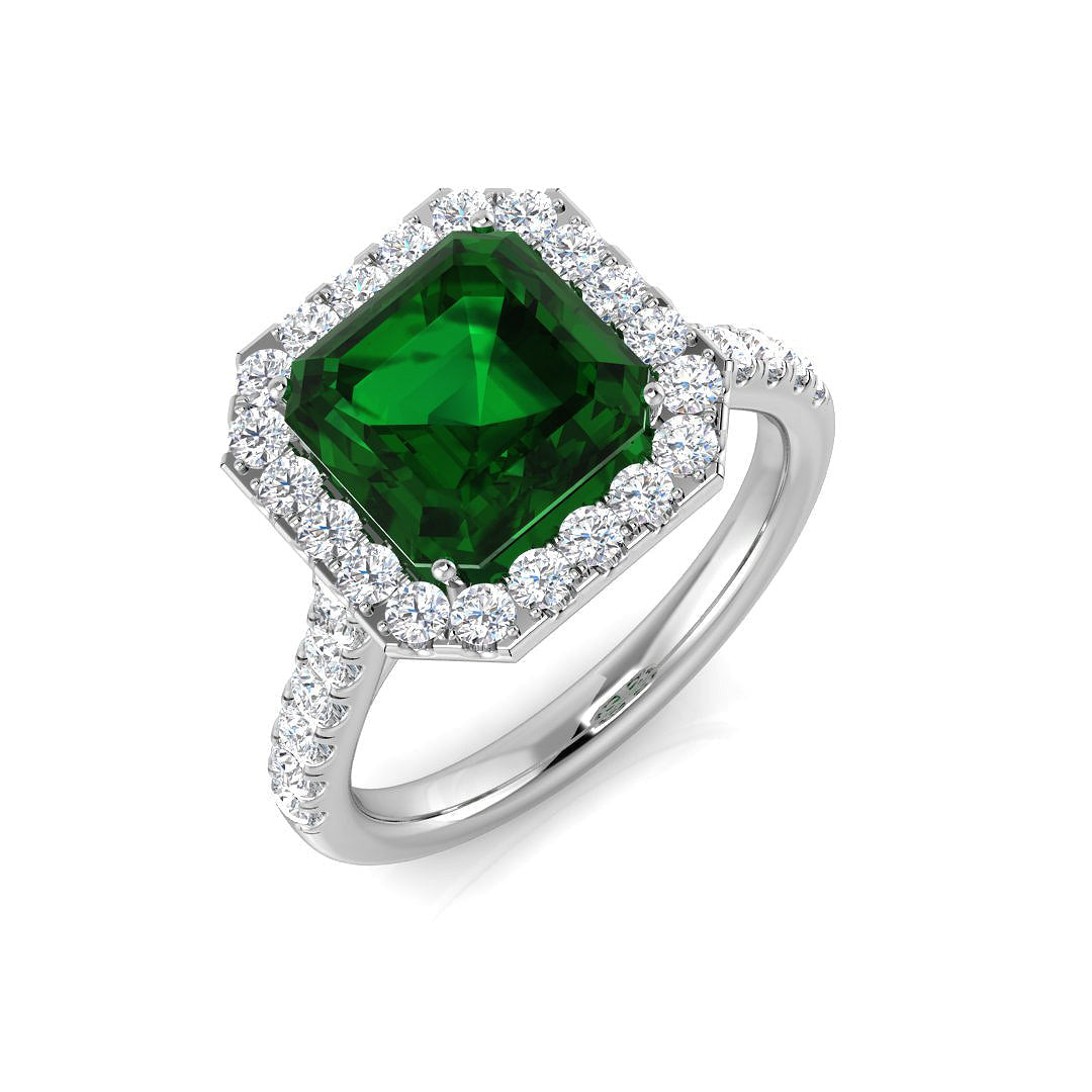 Green Emerald Cut Diamond Ring with Natural Round Diamond Halo Statement Ring in 10K/14K gold and platinum with certified lab-grown or natural diamonds