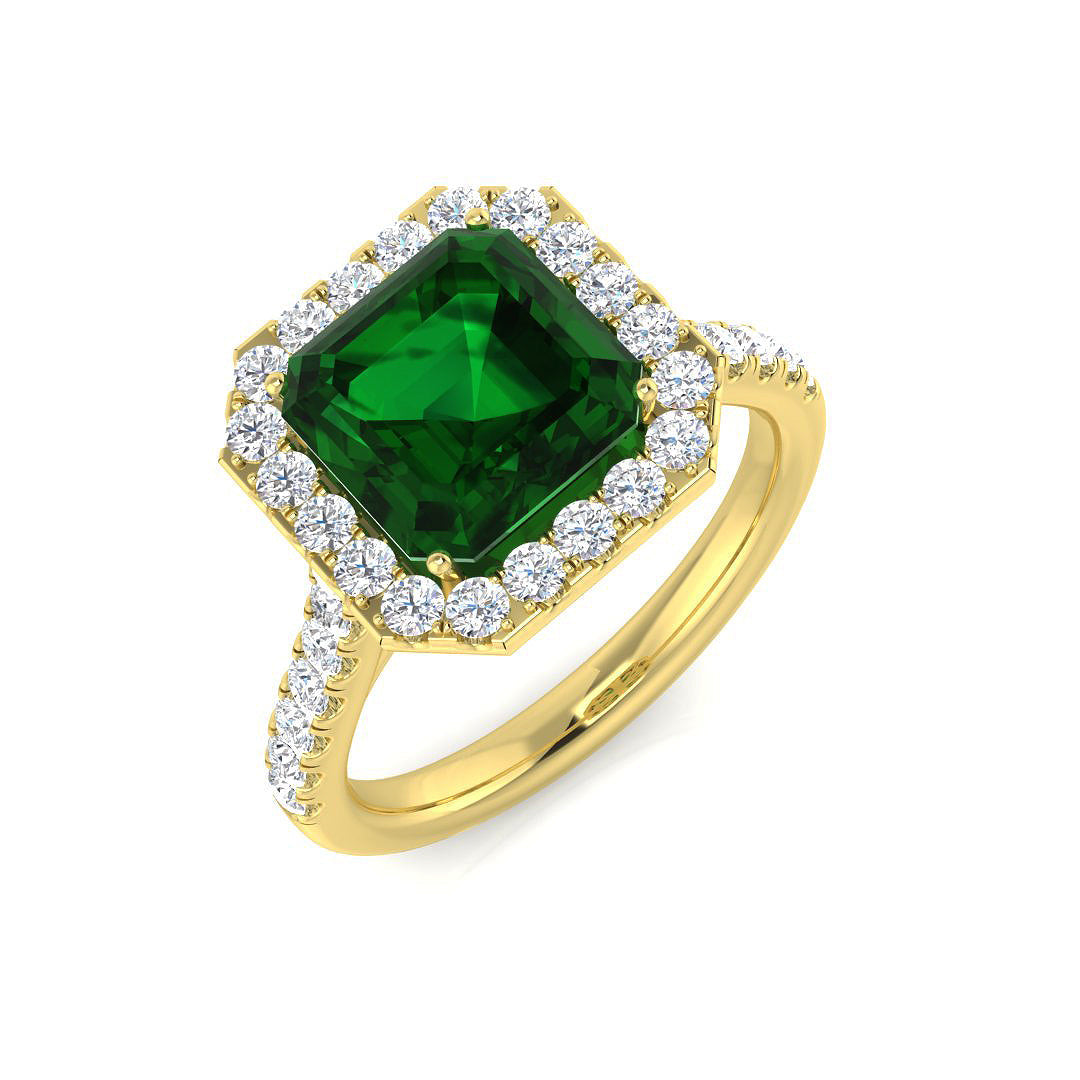 Green Emerald Cut Diamond Ring with Natural Round Diamond Halo Statement Ring in 10K/14K gold and platinum with certified lab-grown or natural diamonds