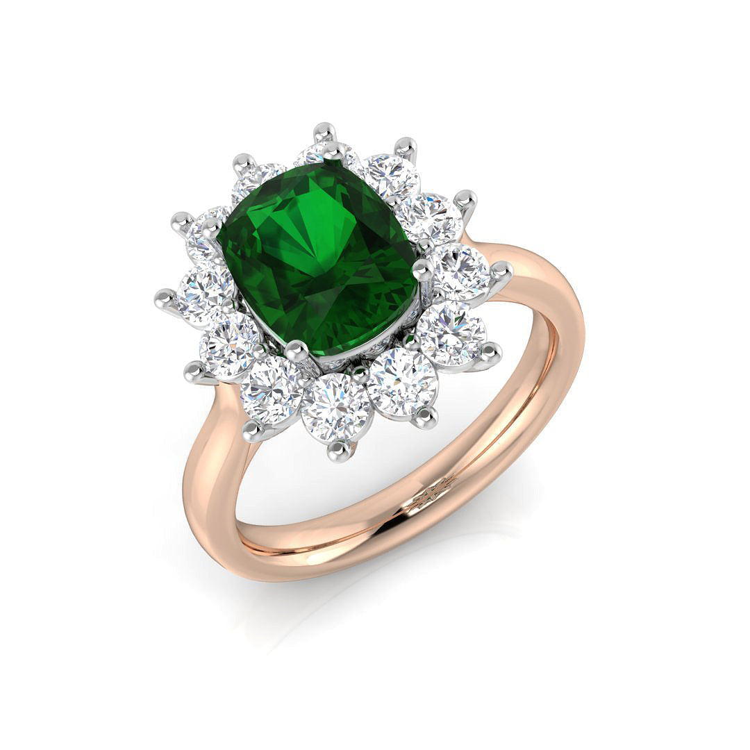 Emerald Halo Ring Cushion Cut with Diamond Cluster in 10K/14K gold and platinum with certified lab-grown or natural diamonds