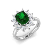 Emerald Halo Ring Cushion Cut with Diamond Cluster in 10K/14K gold and platinum with certified lab-grown or natural diamonds