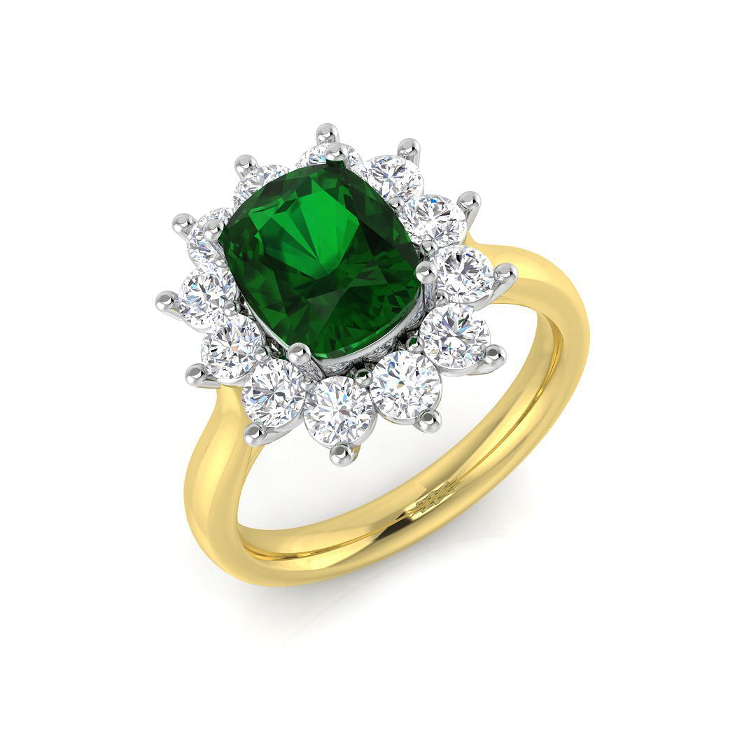 Emerald Halo Ring Cushion Cut with Diamond Cluster in 10K/14K gold and platinum with certified lab-grown or natural diamonds