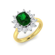 Emerald Halo Ring Cushion Cut with Diamond Cluster in 10K/14K gold and platinum with certified lab-grown or natural diamonds