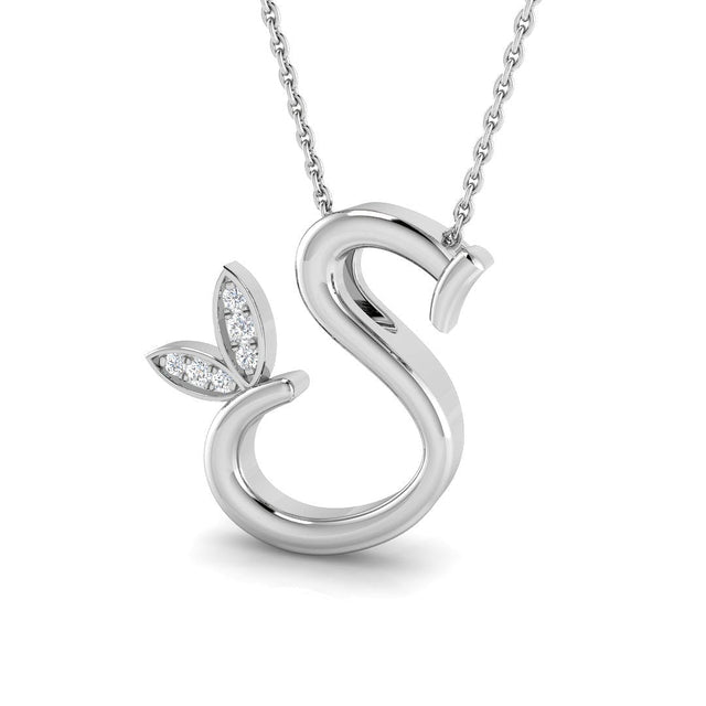 Initial Diamond Pendant Necklace with Leaf Design | 10K & 14K Gold, Platinum