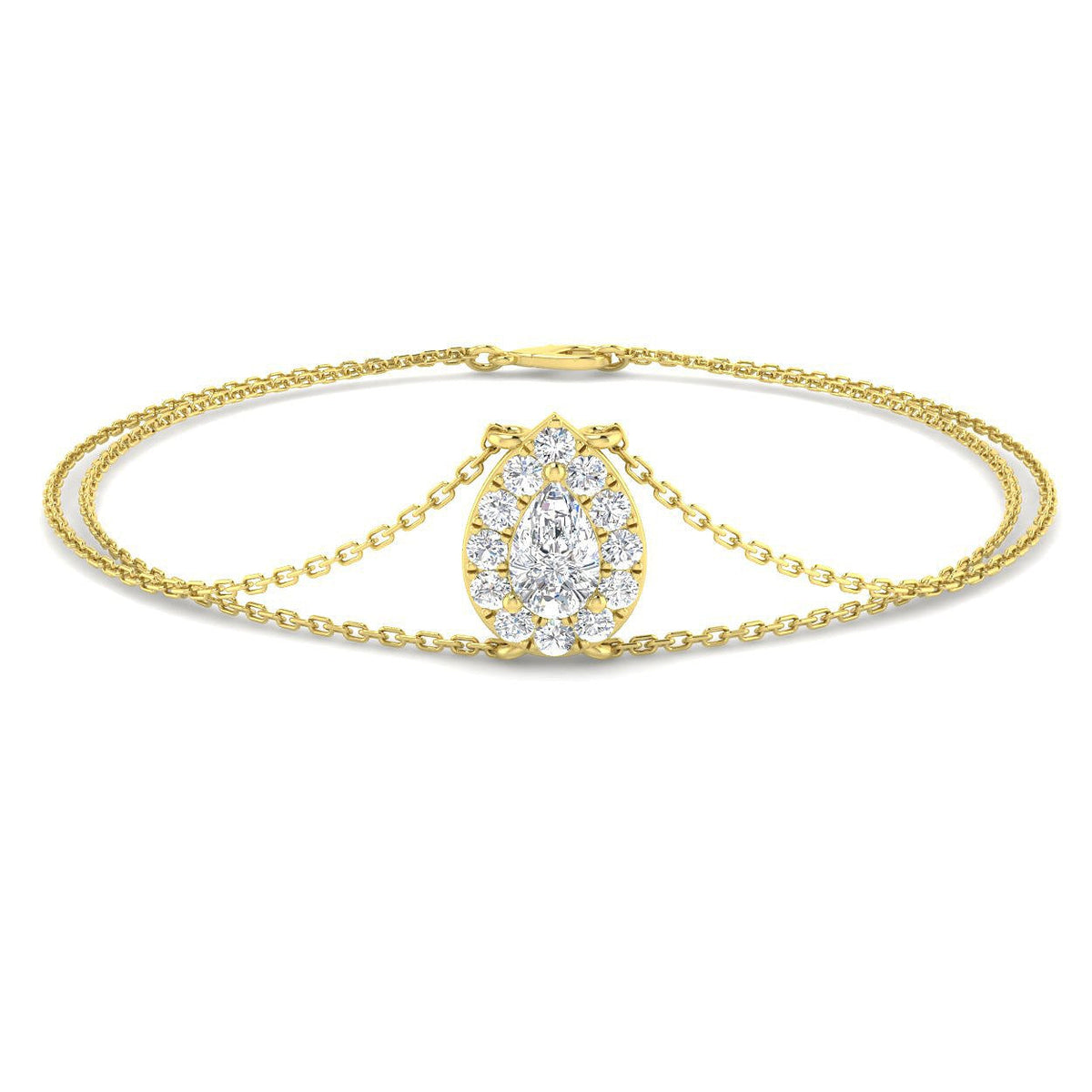 Natural Solitaire Pear Cut Diamond Halo Double Chain Bracelet in Platinum with Lobster Claw in 10K/14K gold and platinum with certified lab-grown or natural diamonds