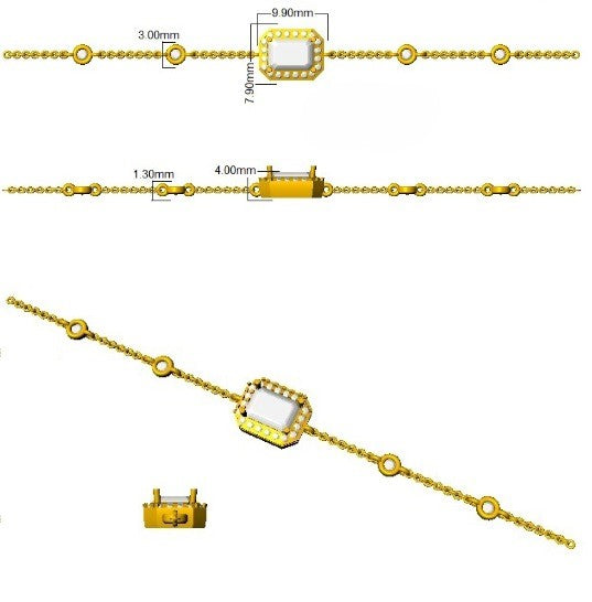 Solitaire Emerald Cut Black Stone with Natural Diamond Halo Chain Bracelet in 10K/14K gold and platinum with certified lab-grown or natural diamonds
