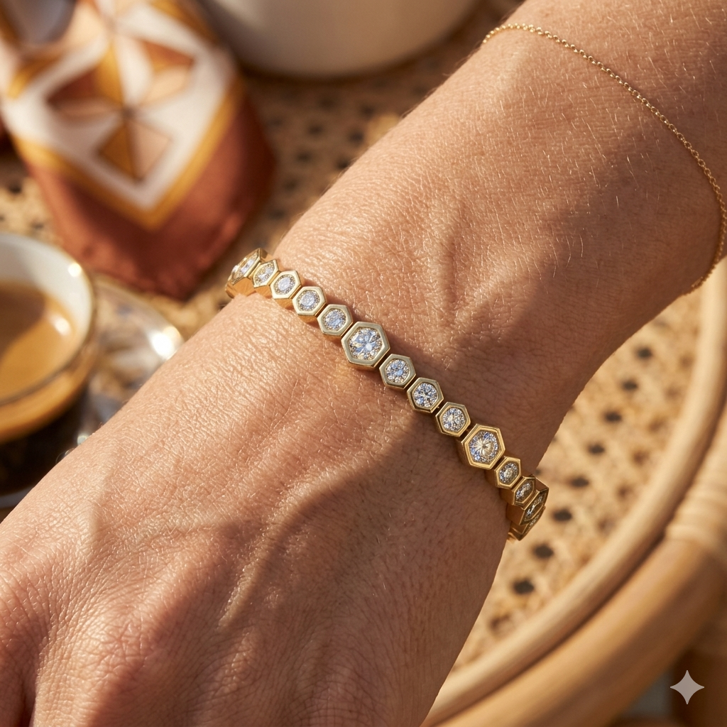 Natural Round Bezel Set Diamond Octagon Tennis Bracelet with Box Clasp in 10K/14K gold and platinum with certified lab-grown or natural diamonds