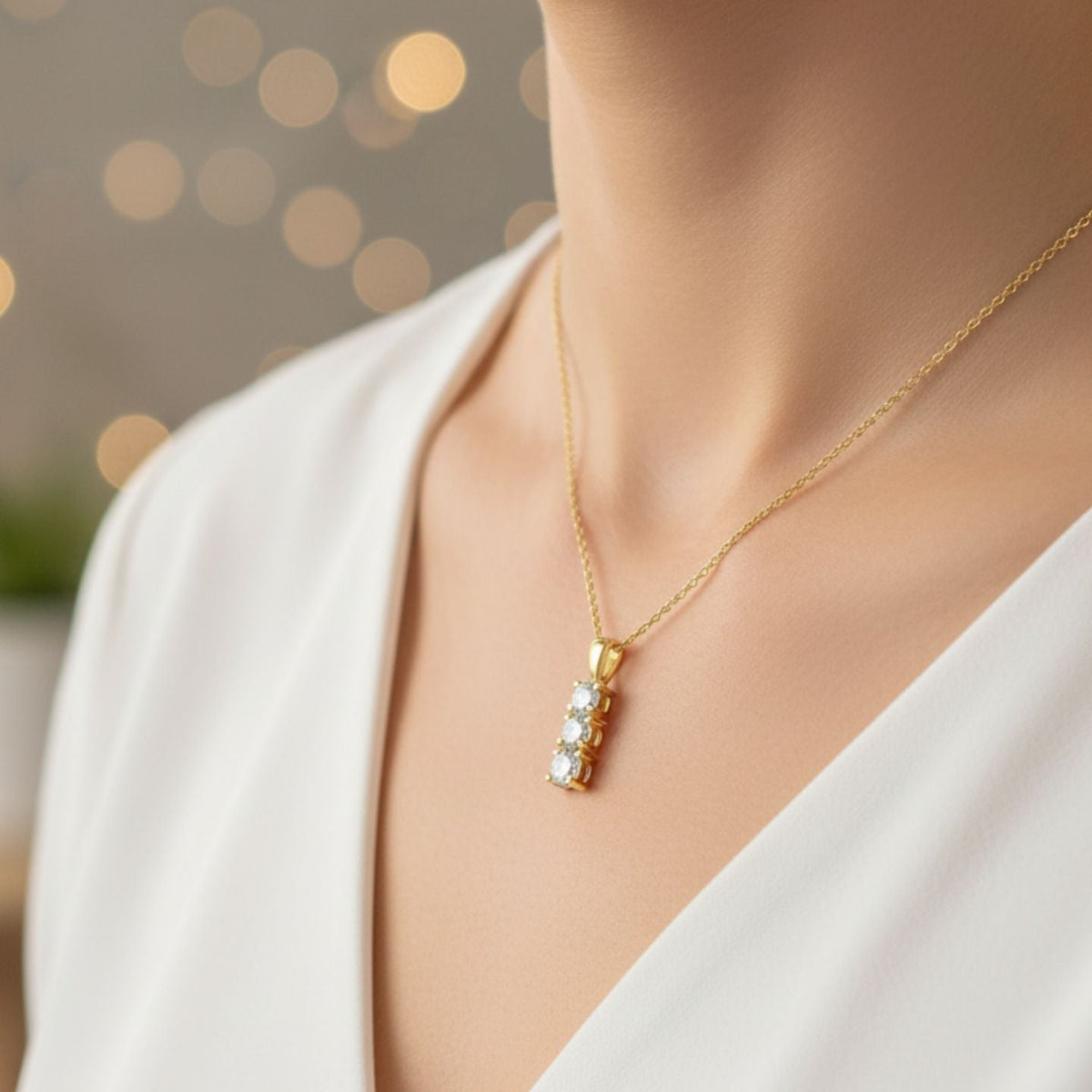 Lab Grown 3 Stone Diamond Drop Pendant in 10K/14K gold and platinum with certified lab-grown or natural diamonds