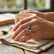 Three Stone Emerald Cut Blue Sapphire Ring with Round Diamond Side Stones in 10K/14K gold and platinum with certified lab-grown or natural diamonds