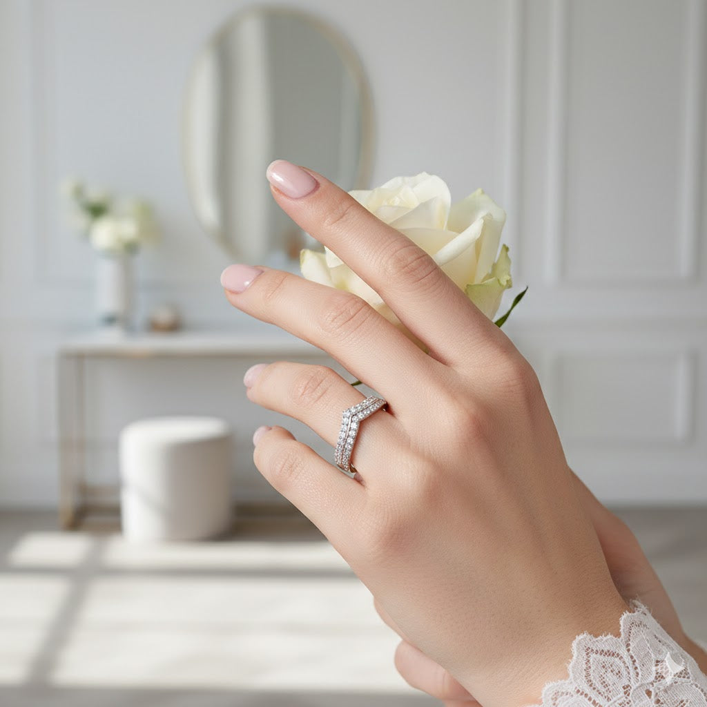 Double Row Diamond Wishbone Ring in 10K/14K gold and platinum with certified lab-grown or natural diamonds