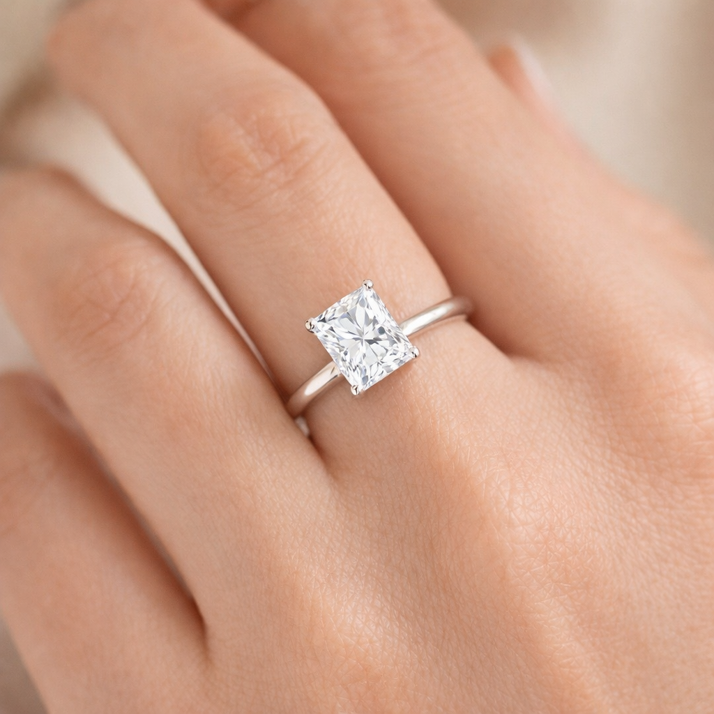 Radiant Cut Diamond Solitaire Ring with Hidden Halo in 10K/14K gold and platinum with certified lab-grown or natural diamonds