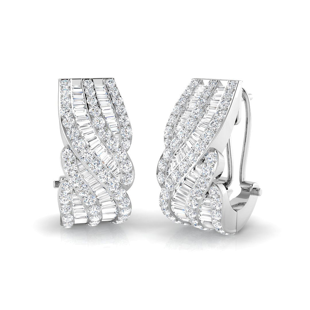 Hoop Earrings with Wave Cross Diamond Design - 1.75ct Solid in 10K/14K gold and platinum with certified lab-grown or natural diamonds
