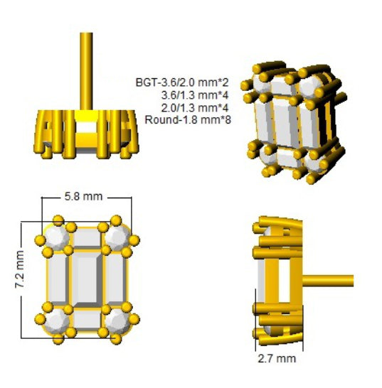 Gold Baguette and Brilliant Diamond Earrings - 0.5ct to 1ct in 10K/14K gold and platinum with certified lab-grown or natural diamonds