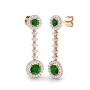 Round Cut Emerald Halo Drop Earrings with Liner Diamond Accents in 10K/14K gold and platinum with certified lab-grown or natural diamonds