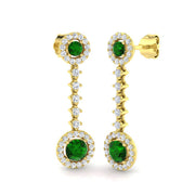 Round Cut Emerald Halo Drop Earrings with Liner Diamond Accents in 10K/14K gold and platinum with certified lab-grown or natural diamonds