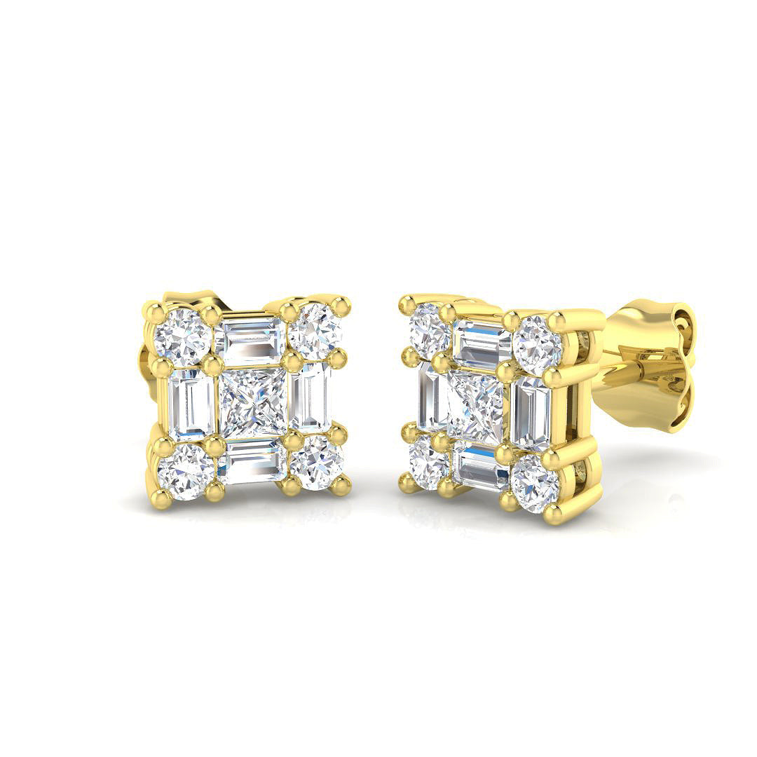 Stud Earrings with Square Baguette Cluster - 0.5ct Solid in 10K/14K gold and platinum with certified lab-grown or natural diamonds