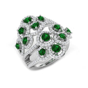 Premium Platinum Natural Round Diamond & Emerald Multi Halo Cluster Statement Ring in 10K/14K gold and platinum with certified lab-grown or natural diamonds