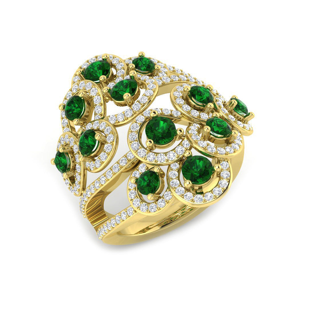 Premium Platinum Natural Round Diamond & Emerald Multi Halo Cluster Statement Ring in 10K/14K gold and platinum with certified lab-grown or natural diamonds