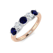 Blue Sapphire Five Stone Ring with Diamond Accents in 10K/14K gold and platinum with certified lab-grown or natural diamonds