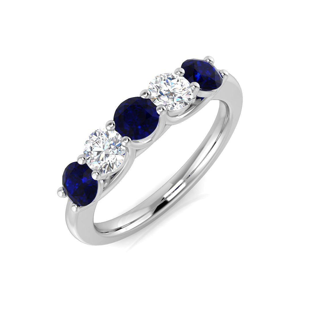 Blue Sapphire Five Stone Ring with Diamond Accents in 10K/14K gold and platinum with certified lab-grown or natural diamonds