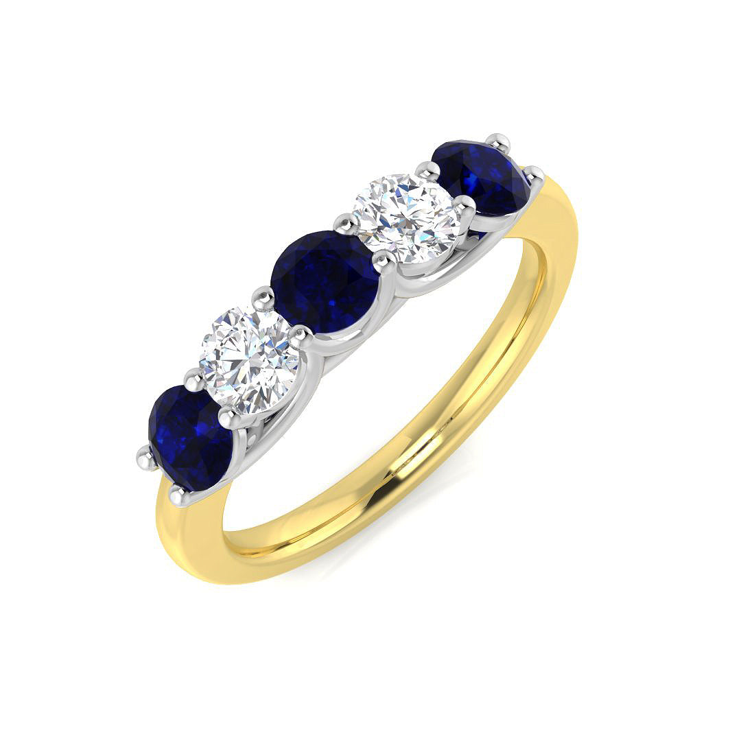 Blue Sapphire Five Stone Ring with Diamond Accents in 10K/14K gold and platinum with certified lab-grown or natural diamonds