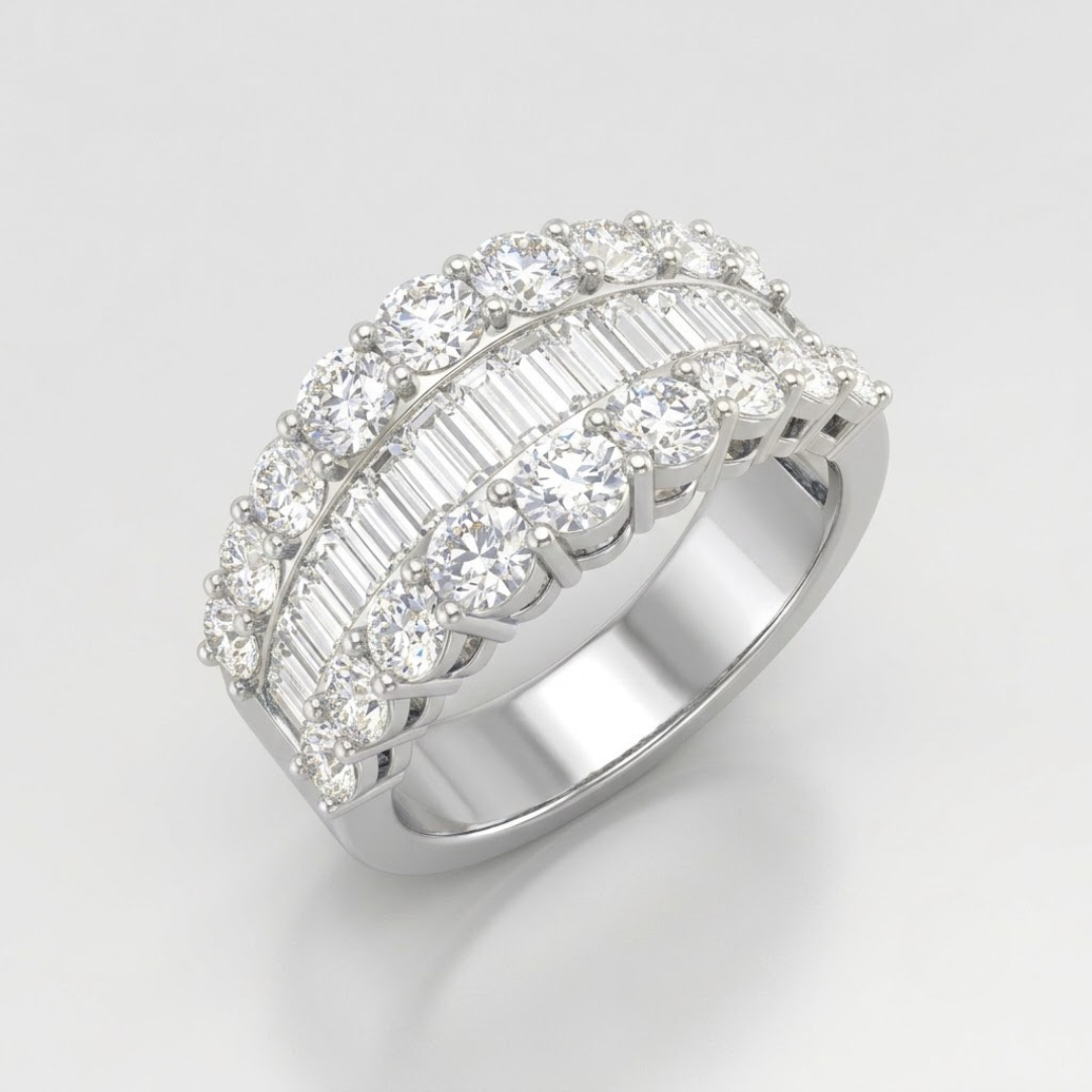 Baguette and Round Brilliant Diamond Platinum Half Eternity Ring in 10K/14K gold and platinum with certified lab-grown or natural diamonds