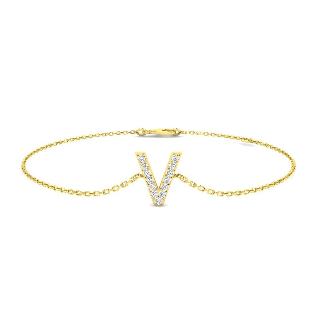 Natural Round Cut Initial V Alphabet Bracelet in Platinum with Chain and Lobster Claw in 10K/14K gold and platinum with certified lab-grown or natural diamonds
