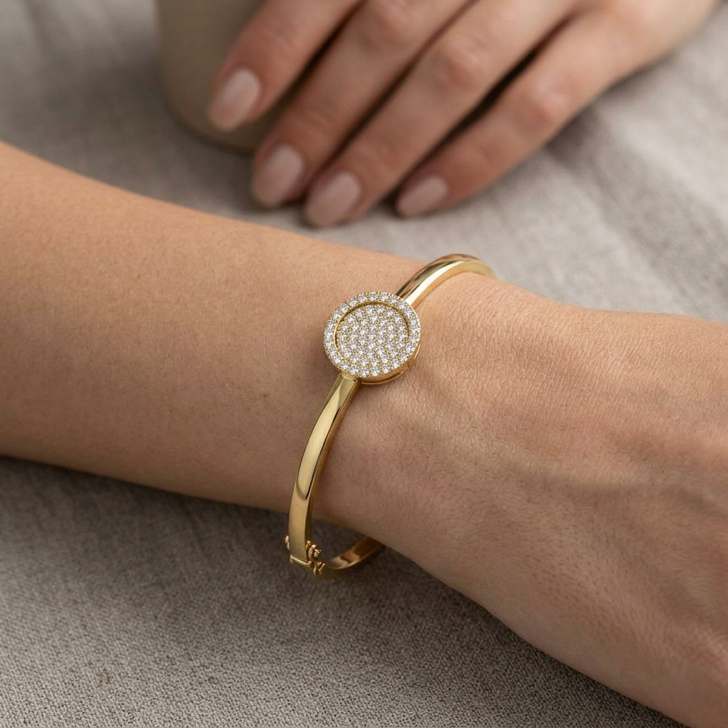 Lab Grown Round Cut Cluster Diamond Bangle with Hinged Box Lock in 10K/14K gold and platinum with certified lab-grown or natural diamonds